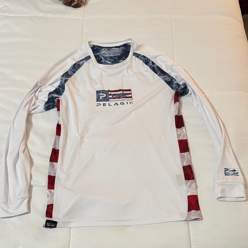 Pelagic White Long Sleeve Performance Shirt with Red & Blue Accents